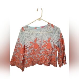 Eva Franco Anthropologie Coral Mint Lace Bell Sleeve Cropped  Top Size XS